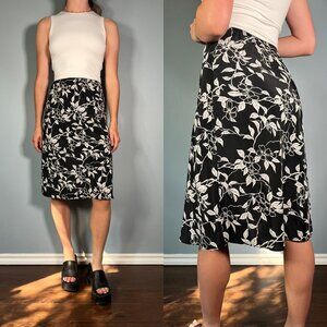 Vintage 90s Black Skirt, 1990s Black And White Floral Midi Skirt
